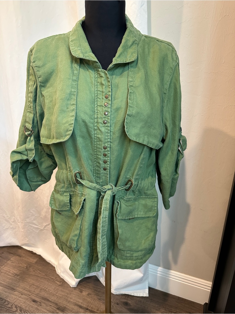 TAL 100% Linen Green Utility Safari Utility Jacket Boho Military Belted Large